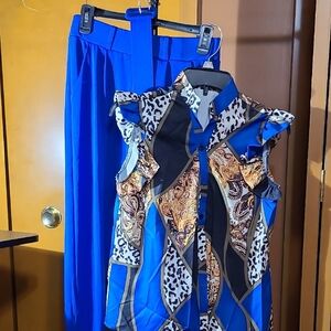 Blue Patterned Blouse and Pants Set